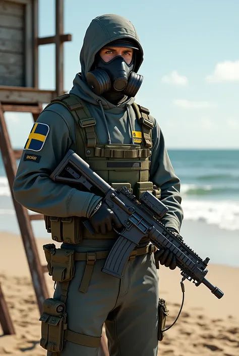 Lifeguard with mask and an assaultrifle and swedish patch standing on an Lifeguardtower.