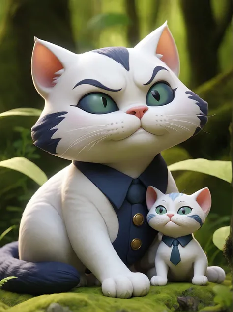 A large muscular anthropomorphic navy blue cat in a white suit reclines on green moss in a forest, exuding a relaxed demeanor. Beside it, a small, plush-looking navy blue kitten, also dressed in a miniature suit, looks up with a concerned expression. The b...