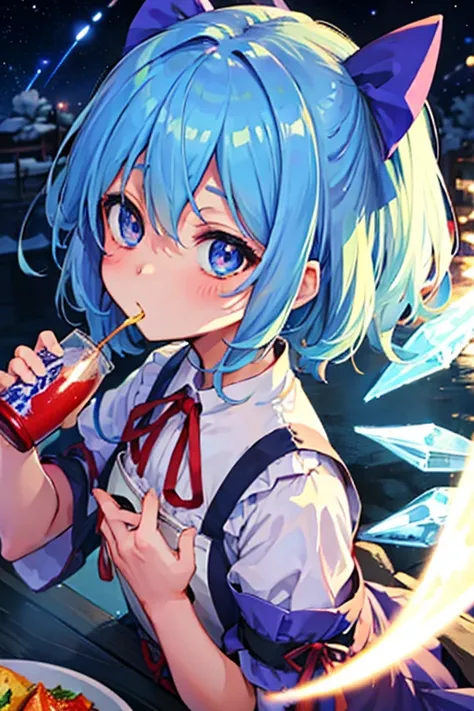 Cirno is drinking sake while watching the moon on the night of the full moon.　Moonlit Fifteenth Night　Drinking party　Lots of dishes　Lavish cuisine　illumination　Meteor Shower　Cirno eating food　Clothes are default