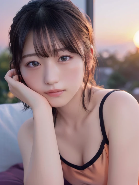 masterpiece, Best Quality, One Woman, (RAW Photos, Best Quality), (reality, Realistic:1.4), Clean look、Iris、Very detailed eyes and face, Beautiful and detailed nose, beautiful eyes, Perfect Anatomy, Black short hair、bangs、Orange tank top, Shorts、Mid-chest、...