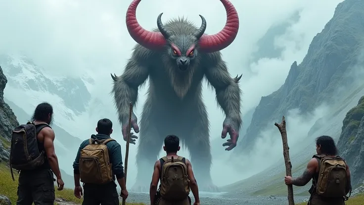 Four Indonesian hunters stand on a mountain staring at a red-horned monster man holding a stick 8k  