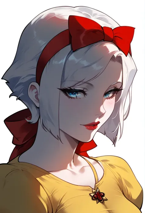 a close up of a woman with a yellow shirt and a red bow, pale snow white skin, faye valentine, portrait of snow white, snow whit...