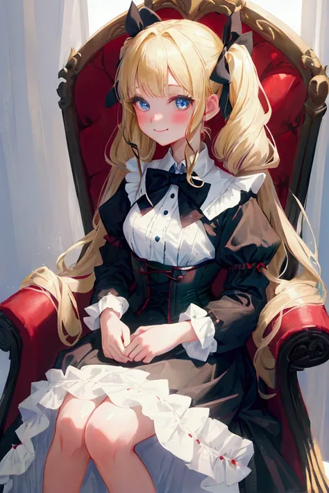 1girl, solo, twintails, sitting, long_hair, looking_at_viewer, blonde_hair, smile, dress, bow, chair, black_bow, long_sleeves, bangs, bowtie, closed_mouth, blue_eyes, ribbon, feet_out_of_frame, blue_dress, throne, black_bowtie, hair_bow, hair_ribbon, corse...