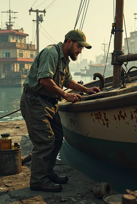 make a picture in gta san adreas style. make the guy on the picture repairing a boat