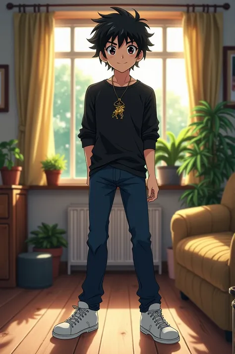 A  man, thin, with short black hair and black eyes, is smiling. He wears a black long sleeve shirt, dark blue jeans and white sneakers. in the neck, wears a bronze pendant in the shape of Pegasus. The scene in the background is his house, with furniture an...