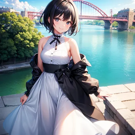 One Girl,Very smiling、Small breasts、Short black hair、Black Eyes、White ribbon、White dress、Shoulder pouch、Sunny river and bridge background