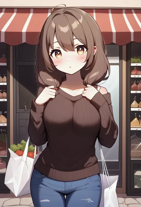 ((appearance:Brown Hair＿Shoulder-length hair＿Hair with movement＿Sparkling light brown eyes＿Thin outline＿＿A kind-looking woman)、(clothing;Dark brown sweater＿Blue jeans pants＿Shopping Bag))。I&#39;m shopping、(place:Stonework＿Around town＿market)、(Shade Shootin...