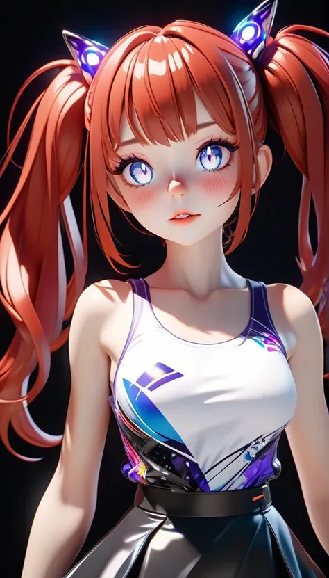 adult female character standing, with red hair. This character wears purple and black clothing with a futuristic design., and wears a white tank top with anime designs and a black short skirt. With a white background, anatomically correct, best quality, HD...