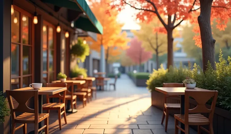 Scene close-up，scene capture，masterpiece，Corner cafe entrance，several tables，several chairs，（（Small plant on the table）），Coffee cup，daytime，On the street，autumn sunshine，autumn，There are trees，Empty product display scene，front view，first person perspective...