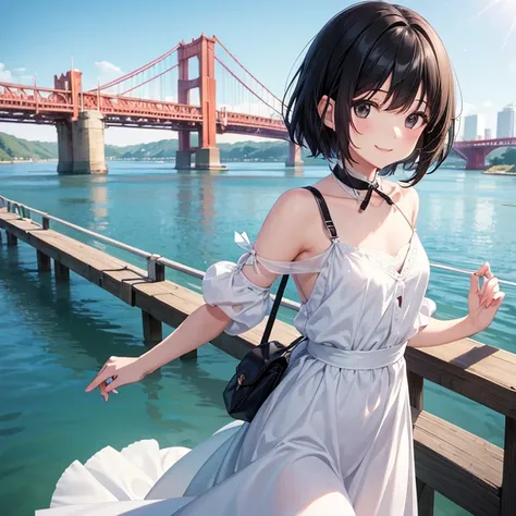 One Girl,Very smiling、Small breasts、Short black hair、Black Eyes、White ribbon、White dress、Shoulder pouch(Strap on chest)、Sunny river and bridge background