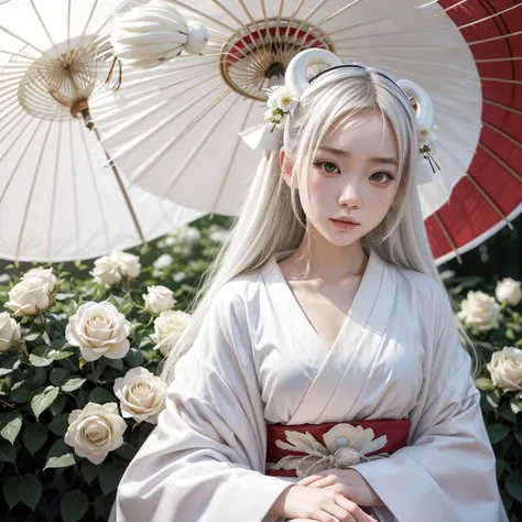  Japanese girl white skin long white hair with white roses all over her hair with big white goat horns wearing a kanzashi wearing a kimono sitting and holding a Japanese umbrella 