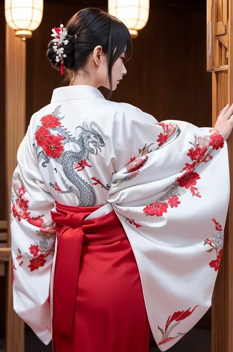 A realistic depiction of beautiful Japanese girls。She is wearing a gorgeous Japanese outfit with a white and red motif.、Delicate floral patterns are scattered all over the kimono.。The red color of the hakama is deep.、The contrast with the white kimono is s...