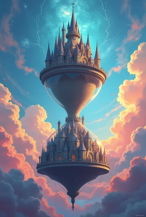 a huge hourglass castle floating in the air with cracks in the sky with a colorful sky and lots of doors 