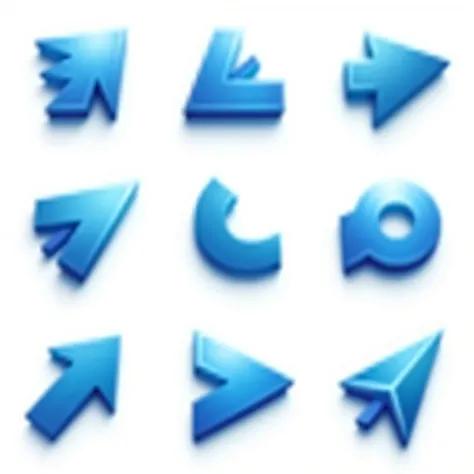 A grid of nine blue arrows in various designs and orientations, including upward, downward, curved, and diagonal shapes. The arrows exhibit a shiny, three-dimensional effect against a white background.on white background flat icon
