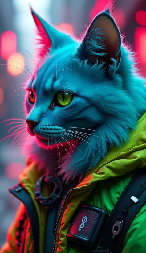 furry cat, long fur, A photo, 8k , highres, detailed , detailed fur, highres photography, photo of a anthropomorphic creature with the head of a male cat rendered in vibrant and neon colors. cyberpunk wear, The cats fur is a striking blend of bright electr...