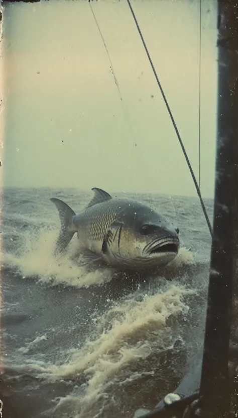 grainy, polaroid, 35mm vintage, realistic old footage,  giant fish, , hiding under water, seen from a sailboat, Atlantic ocean, Black and white colors.