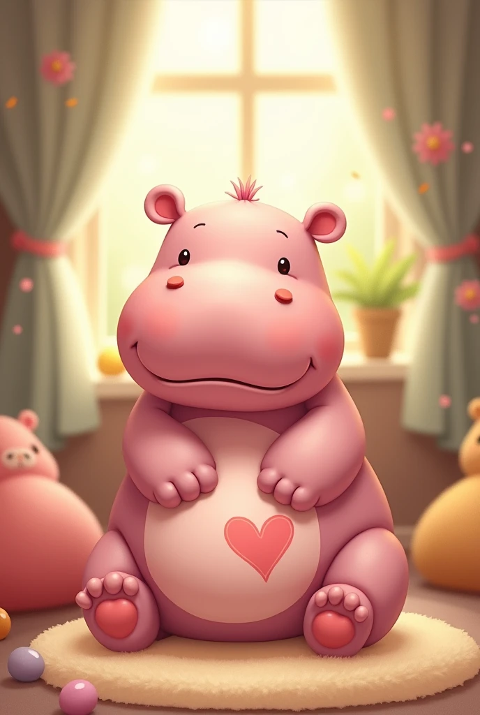 Cute hippo with pink skin and heart shape birthmark in her on her leg in her house