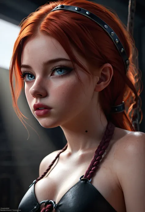 a beautiful teen redheaded woman, intricate bondage, sklavin, BDSM, highly detailed, photorealistic, 8K, (best quality:1.4), (masterpiece:1.2), (extremely detailed:1.4), realistic skin texture, intense gaze, flawless face, detailed eyes and lips, dramatic ...