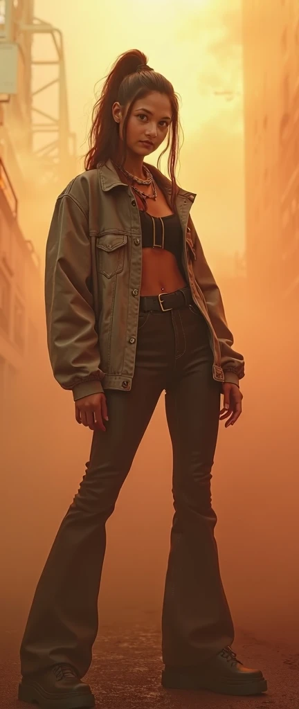 (wide shot, full body best quality, 4k, 8k, high resolution, masterpiece: 1.2), ultra detailed, (realistic, photorealistic, photorealistic: 1.37), 1 girl in the middle of a thick fog: 1.5, hip-hop style outfit, high ponytail, incredibly long hair, cowgirl ...