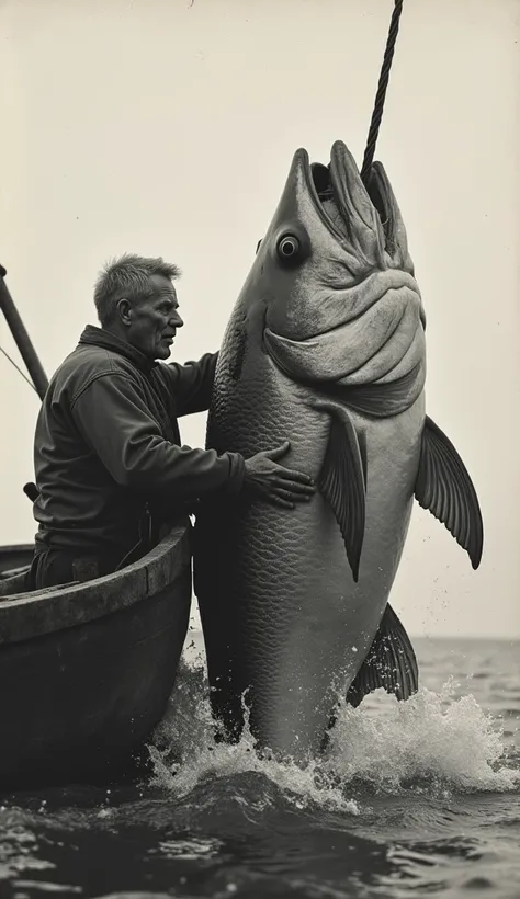 Giant fish catch by fisherman, captured in black and white, 1900s photograph, detailed, gelatine silver print, add noise, old photo effect