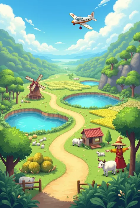 A Q-version tree full of durian， windmill，ox，sheep，scarecrow，Two lakes, Many fields，Planted many plants，A plane flew over the scene，Overlooking，Q version，Game architecture design，Casual game style，Masterpiece Super Detail，Anime rural scenery