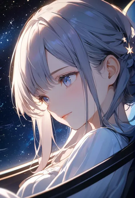 Upper body close-up（((masterpiece), on)In the dim light of the planetarium, a woman sits quietly in a reclining chair. Her face is soft, with a dreamy expression as she gazes at the starry sky above. Gentle starlight touches her cheeks, and the reflection ...