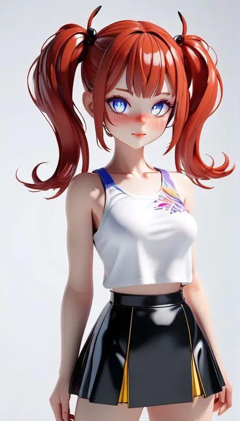 adult female character standing, with red hair. This character wears purple and black clothing with a futuristic design., and wears a white tank top with anime designs and a black short skirt. With a white background, anatomically correct, best quality, HD...