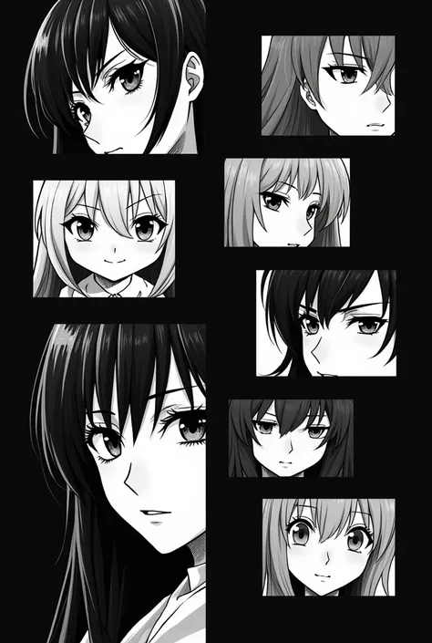 Black and white image, divided into several boxes, each containing an image on the manga theme. Each box is separated from the others in an asymmetrical manner., and the space between the boxes is black