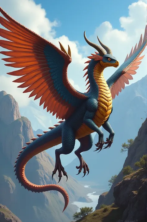 Andean dragon with llama head , snake body condor wings , taruca horns , colored scales and eagle legs