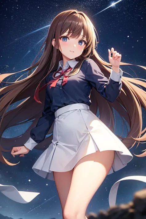 Brown Hair　long　Blue Eyes　female　student　Night Sky　Starry Sky