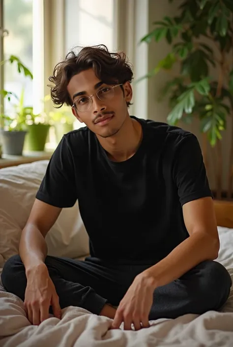 photography, a young man , sitting on bed, black t-shirt, pajama pants, , indoors, soft lighting, plants in background, window with sunlight, cozy room, relaxed pose, realistic, intricate details, warm colors, 