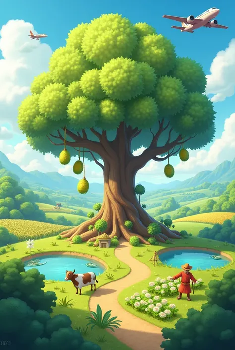 A big tree，Takes center of screen，There are several durians hanging on the tree，windmill，ox，sheep，scarecrow，Two lakes, Many fields，Planted many plants，A plane flew over the scene，Overlooking，Q version，cute，Game architecture design，Casual game style，Masterp...