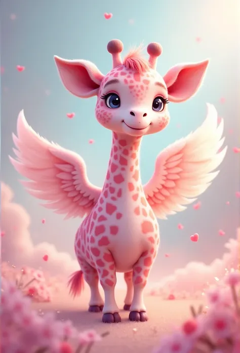 Cute big winged pink giraffe、Fantasy、Round eyes、Pastel colors、happy、Beloved Characters、