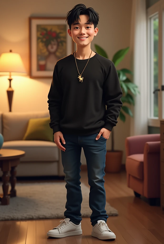 A  man, thin, with short black hair and black eyes, is smiling. He wears a black long sleeve shirt, dark blue jeans and white sneakers. in the neck, wears a Pegasus-shaped pendant. The scene in the background is his house, with furniture and common househo...