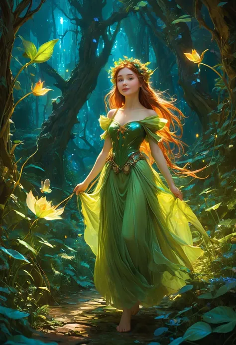 (anime, fantasy, Thumbelina), (detailed CG unity 8k wallpaper, masterpiece, best quality, ultra-detailed, HDR:1.2), A happy Thumbelina walking in an enchanted bioluminescent forest, fantasy style outfit, happy face. {cartoon style} {unique shape}, highly d...