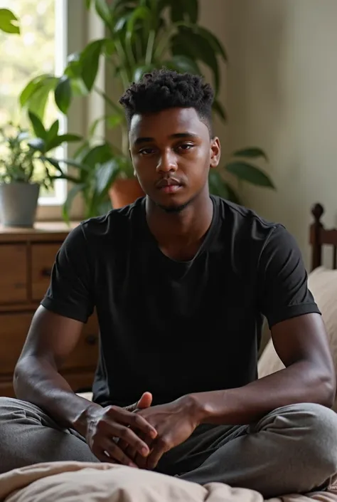 photography, a black skin young man , sitting on bed, black t-shirt, pajama pants, , indoors, soft lighting, plants in background, window with sunlight, cozy room, relaxed pose, realistic, intricate details, warm colors,