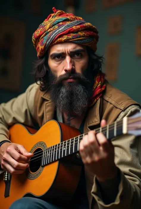 Young man, gypsy with beard and headscarf playing guitar