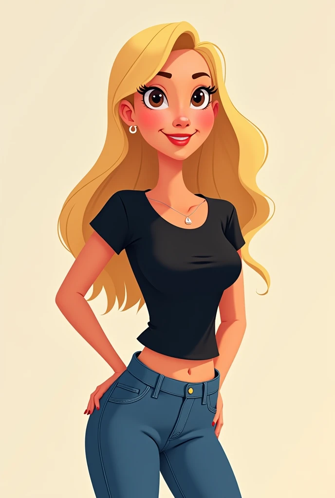 Image of a woman for Instagram avatar in Pixar format, she is sociable, thin, with long blond straight hair, a leader in life and a manager, very kind and purposeful 
A black t-shirt and jeans