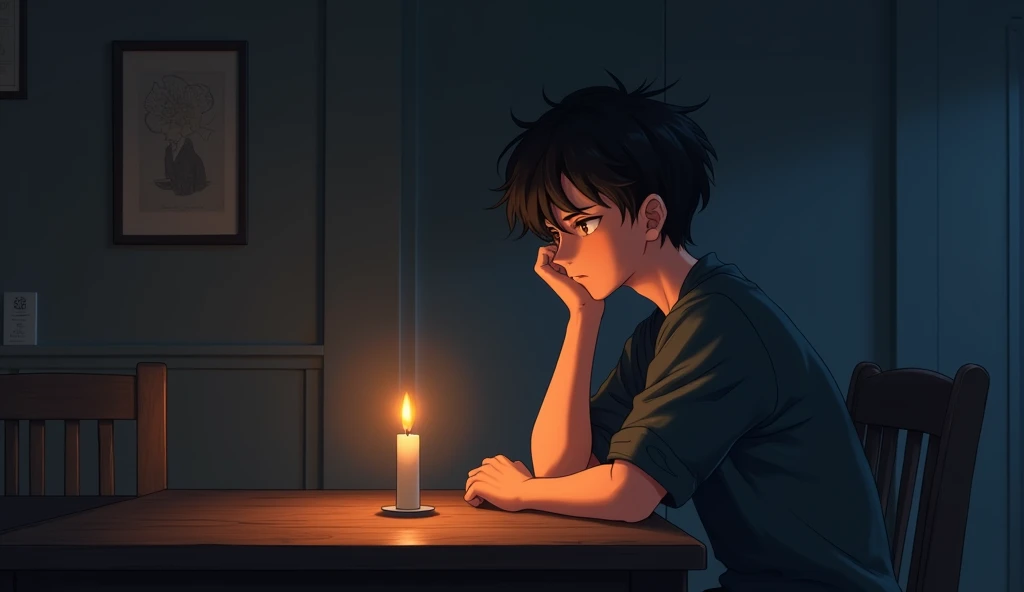 {
  "size": "1024x1024",
  "prompt": "A digital illustration of a 20-year-old boy sitting at a wooden table in a dimly lit room, similar to an anime-inspired art style. The boy rests his head in one hand, looking thoughtful or pensive, illuminated by a sin...