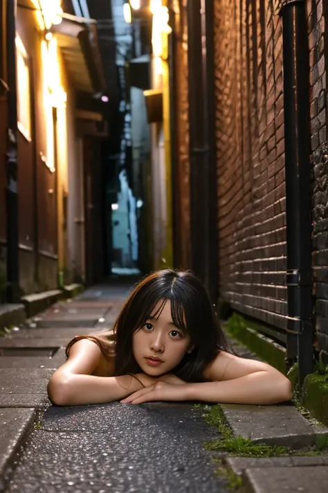 （（（（（（（All nude）））））））((Reality)), s lips, Detailed background, 1girl in, Squatting in a dark alley、lie down、It&#39;s pouring rain、I&#39;m soaked all over.、A strong red light shines on my face、1 slim Japanese gravure idol、Natural Breast,, (plaid skirts), s...