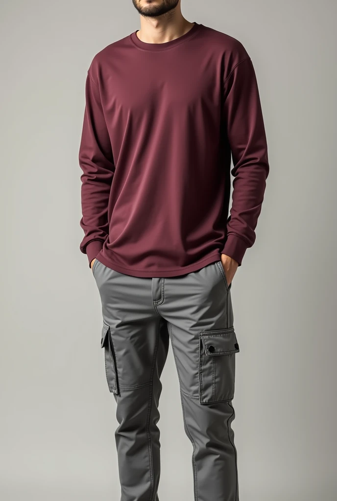 Maroon Full-Sleeve T-Shirt with Grey Cargo Pants: