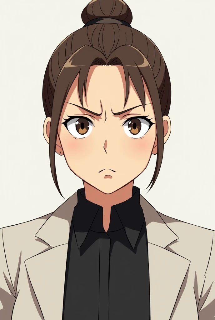 Make a 60 year old woman with brown hair and tied up, brown eyes and a more irritated and serious expression with black clothes and a white overcoat. Make anime style