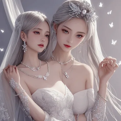 A detailed and elegant jewelry collection to complement an anime wedding dress. The jewelry set includes a sparkling crystal necklace made of pearl beads, with intricate lace patterns, delicate butterfly earrings with shimmering accents, and a bracelet ado...