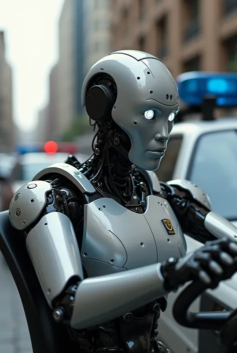 robot policier réaliste dans une voiture de police 
