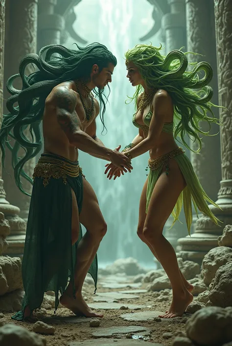 Ful miracle body naked pose medusa Who atacking a young warrior woman trying turn into stone both have same size It is a fight between them, very long legs, Full detailed body, masterpiece body, Full body, Ful body view , full pose , ((best quality)), ((ma...