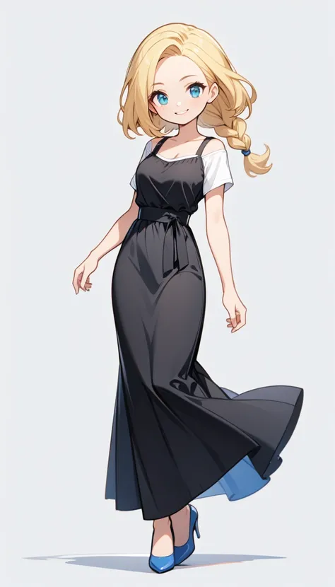 1 lady, solo, full body, Standing, contrapposto, Azure eyes, Single Braided blonde hair, parted bangs, forehead, wearing black camisole one-piece long dress over white short sleeve T-shirt, pumps, smile, simple background