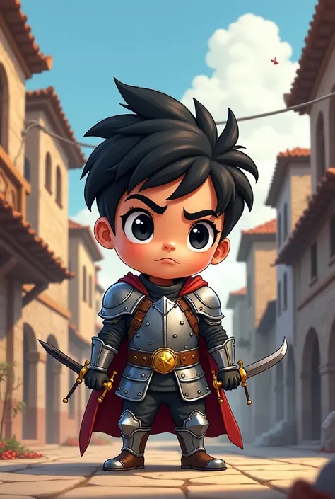 1boy, chibi style, black eyes, black hair, spike tie on head, latino skin, perceverenc face, use a armor plate, use a small magic sword, medieval city background