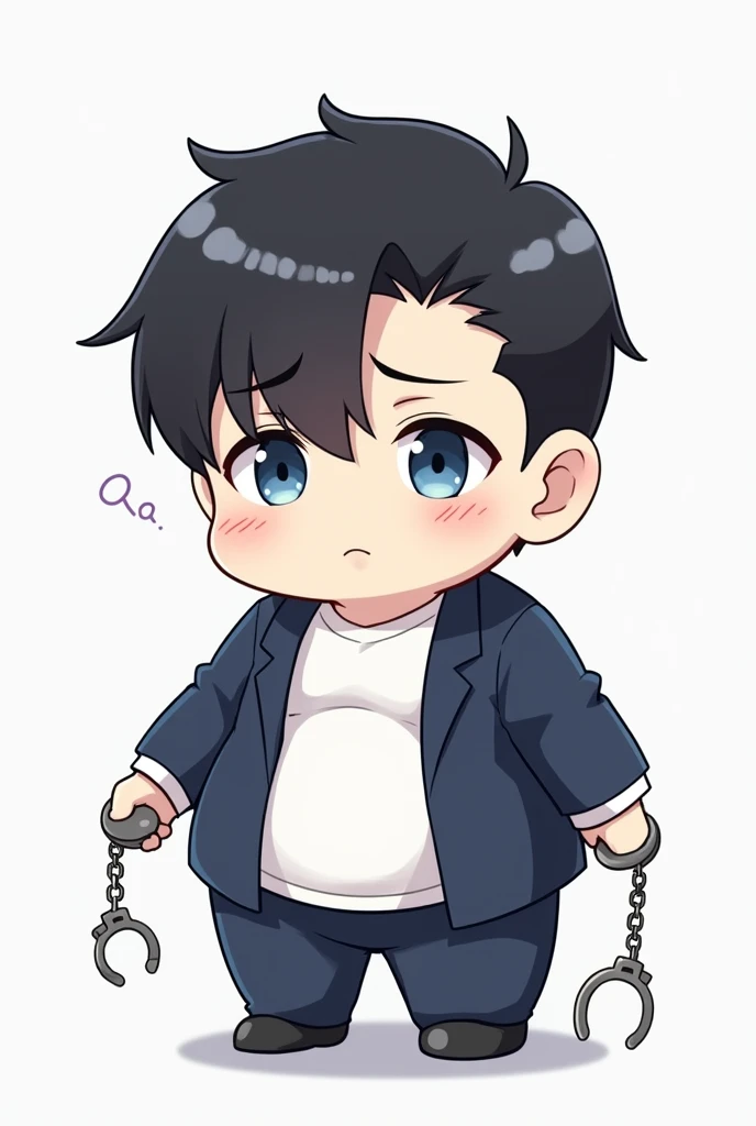 handcuffs,male,Chubby,One person,Black Hair, Asymmetrical bangs, Parting the bangs,Blue Eyes,Droopy eyes,White T-shirt,Navy blue suit,Simple background,cool,Defaults,Illness,Confused eyes,Distributor,Chibi Character,Anime Style