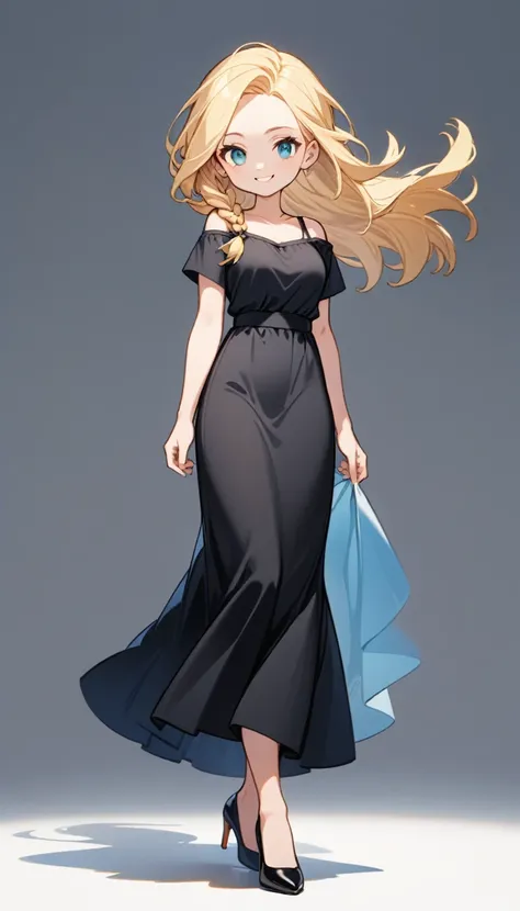 1 lady, solo, full body, Standing, contrapposto, Azure eyes, Single Braided blonde hair, parted bangs, forehead, wearing black camisole one-piece long dress over white short sleeve T-shirt, black pumps, smile, simple background