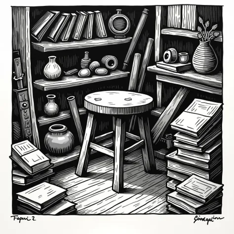 stool, (books, musical instruments, household items are scattered around), linocut style, woodcut style, black and white